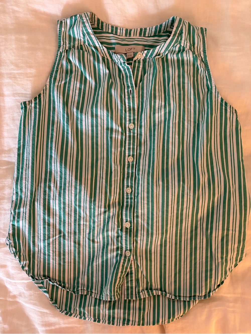LOFT Green and White Striped Sleeveless Button Blouse